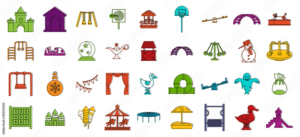 Kid amusement icon set. Color outline set of kid amusement vector icons for web design isolated on white background