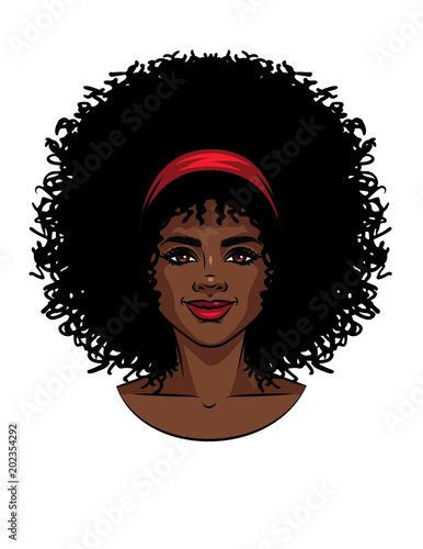 Vector illustration of African American type woman's face with curly hair. Beautiful girl portrait with smile