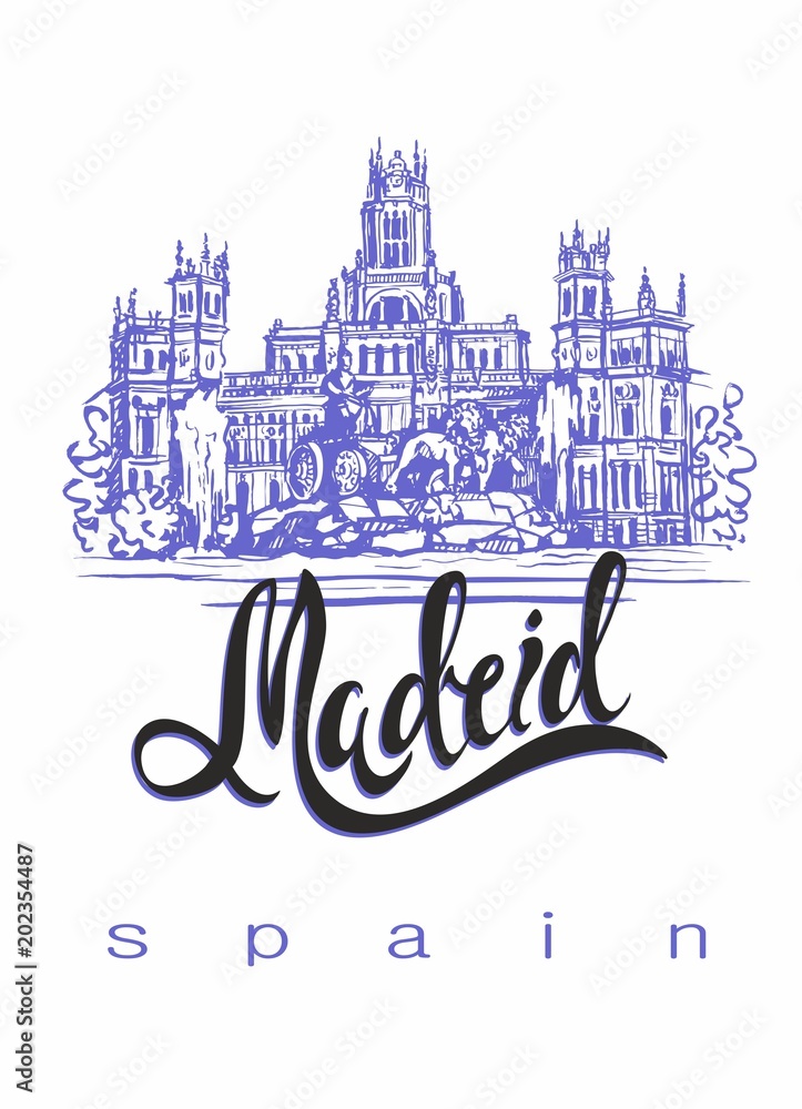 Travel. trip to Spain. City Of Madrid. Sketch. Cybele Palace and fountain at the Plaza Cibeles in Madrid, Spain.. Design concept for the tourism industry. Vector illustration.