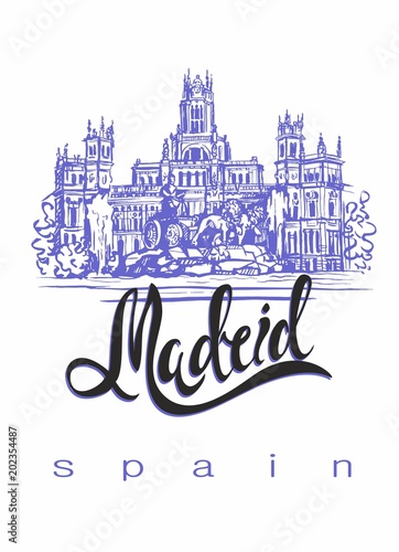 Travel. trip to Spain. City Of Madrid. Sketch. Cybele Palace and fountain at the Plaza Cibeles in Madrid, Spain.. Design concept for the tourism industry. Vector illustration.