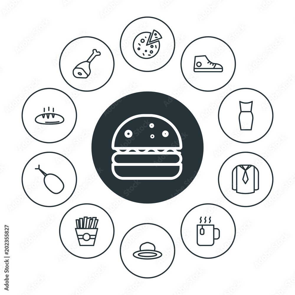 food, clothes, drinks Infographic Circle outline Icons Set. Contains such Icons as  drink,  meal,  unhealthy,  shoes,  steak,  beautiful, fashion, food,  mug and more. Fully Editable. Pixel Perfect