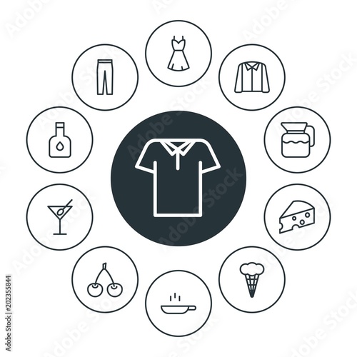 food  clothes  drinks Infographic Circle outline Icons Set. Contains such Icons as  polo   dress   blank   red   drink   cocktail   female   trousers  vinegar and more. Fully Editable. Pixel Perfect