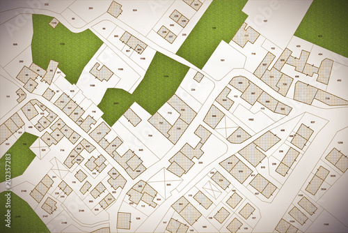 Fototapeta Wyobrażona mapa katastralna terytorium z budynkami, drogami, działką i bezpłatną zieloną ziemią dostępna do budowy. Koncepcja obrazu