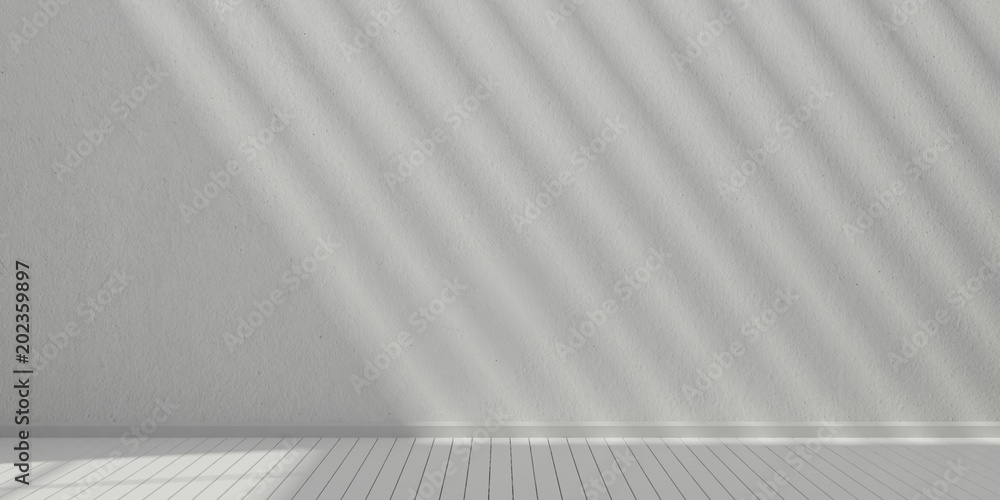 3D stimulate of white room interior and wood plank floor with sun light cast the shadow on the wall,Perspective of minimal design architecture 