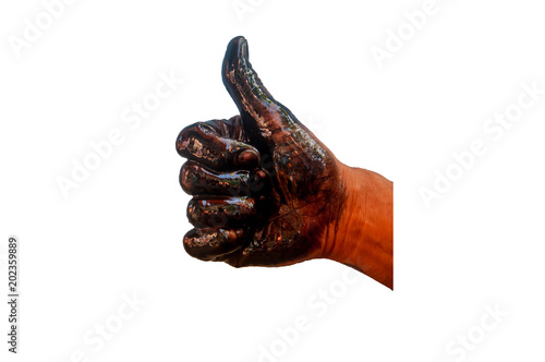 Isolated Stain hands showing thumbs up with black oil on white background (clipping path).