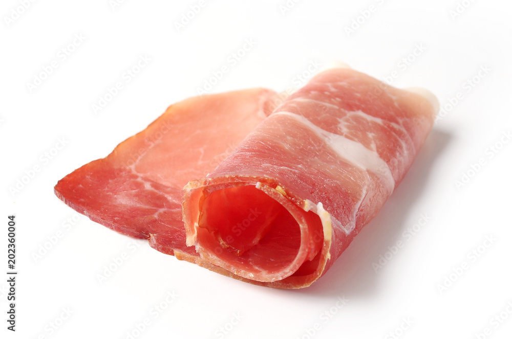 prosciutto slice on a white background prosciutto slice on a white background