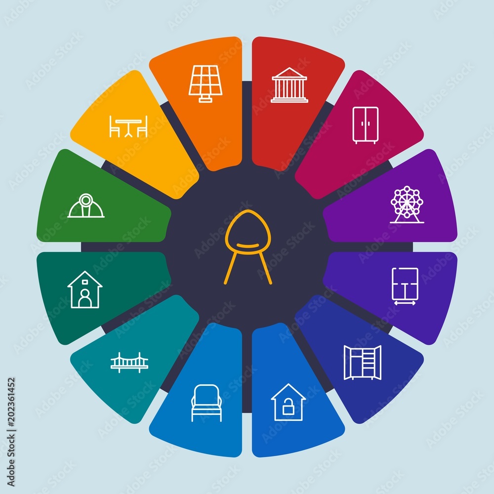 industry, buildings, furniture Infographic Circle outline Icons Set. Contains such Icons as  ecology,  tool,  comfortable, energy,  dining,  justice,  private and more. Fully Editable. Pixel Perfect