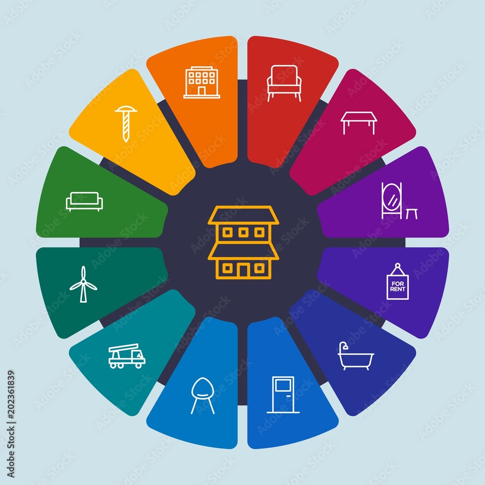 industry, buildings, furniture Infographic Circle outline Icons Set. Contains such Icons as  urban,  modern, rent,  turbine, home,  room,  equipment,  estate and more. Fully Editable. Pixel Perfect