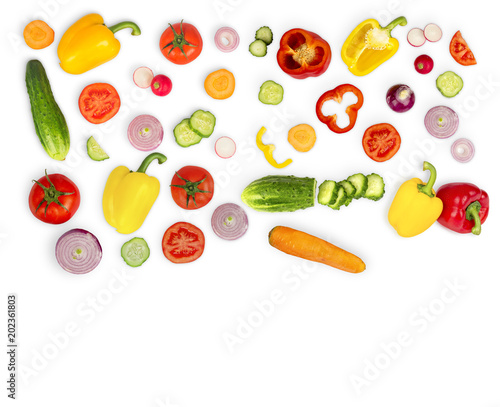 Wallpaper Mural Vegetable mix on white isolated background. Fresh yellow pepper, chopped tomatoes, onion, round cucumber slice, carrot, radish. The concept of a healthy lifestyle. Vegetarian food. Torontodigital.ca