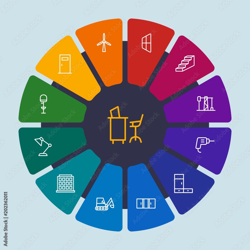 industry, buildings, furniture Infographic Circle outline Icons Set. Contains such Icons as office, chair, home, building, industry, interior, lamp, desk and more. Fully Editable. Pixel Perfect industry, buildings, furniture Infographic Circle outline Icons Set. Contains such Icons as office, chair, home, building, industry, interior, lamp, desk and more. Fully Editable. Pixel Perfect