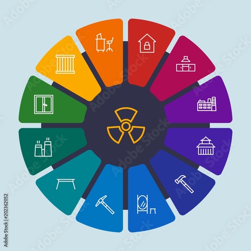 industry  buildings  furniture Infographic Circle outline Icons Set. Contains such Icons as factory   danger   china  window  kitchen   crime   table   interior and more. Fully Editable. Pixel Perfect