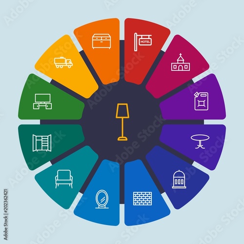 industry, buildings, furniture Infographic Circle outline Icons Set. Contains such Icons as  cabinet,  wooden,  conference, hotel,  round,  vintage,  safety and more. Fully Editable. Pixel Perfect