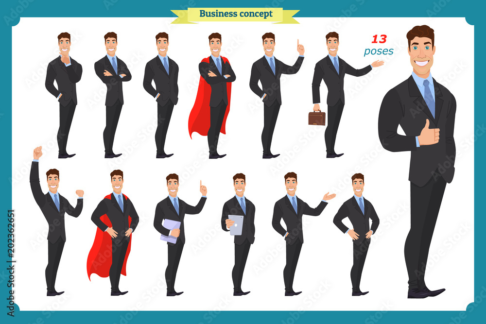 Set of businessmen presenting in various action.Happy man in business suit.People character.Standing business man for design, animation work.Isolated vector on white.Flat, style.Boss.Manager man Set of businessmen presenting in various action.Happy man in business suit.People character.Standing business man for design, animation work.Isolated vector on white.Flat, style.Boss.Manager man