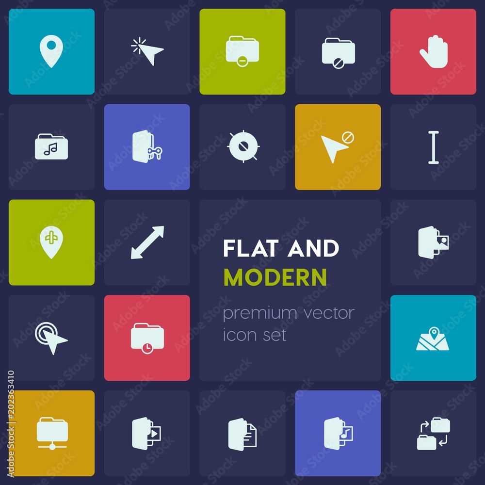Modern Simple Set of location, folder, cursors Vector fill Icons. Contains such Icons as  map, time,  file,  music, music,  work,  booklet and more on dark background. Fully Editable. Pixel Perfect