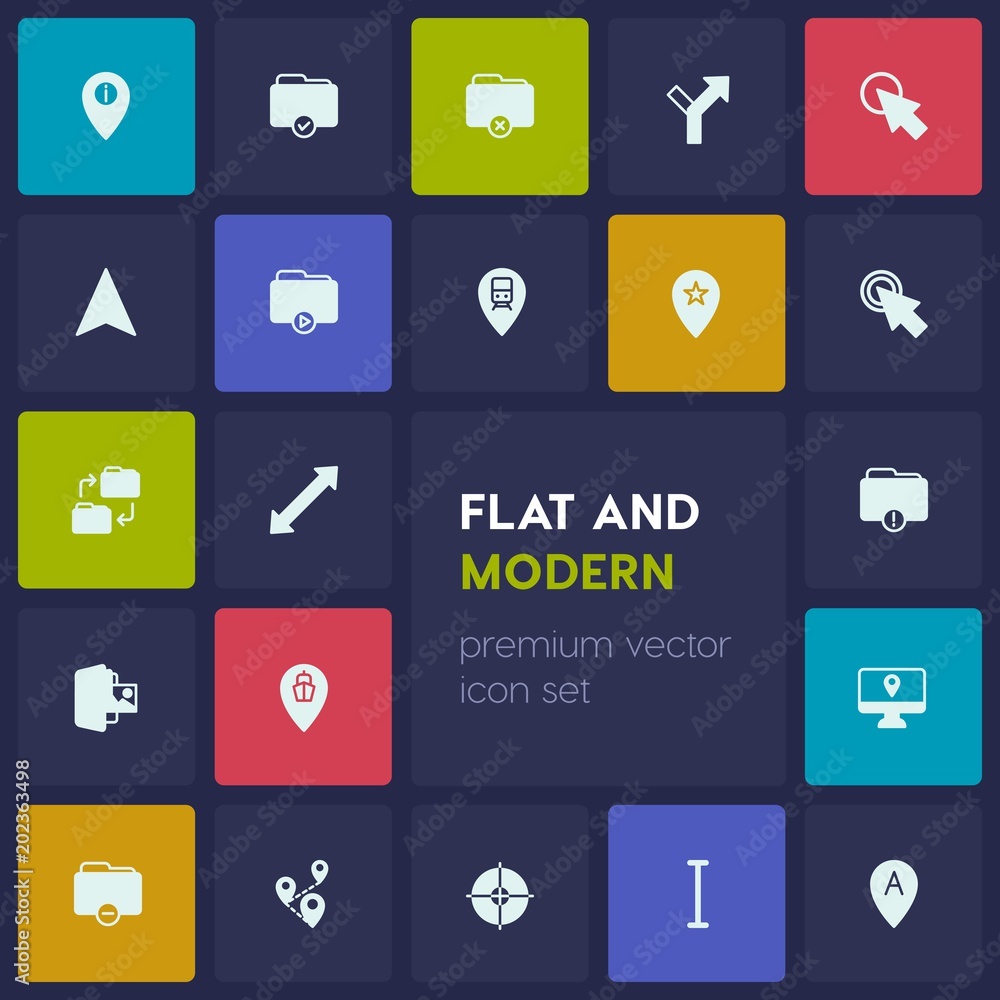 Modern Simple Set of location, folder, cursors Vector fill Icons. Contains such Icons as  road,  harbor, delete,  file,  direction,  click and more on dark background. Fully Editable. Pixel Perfect