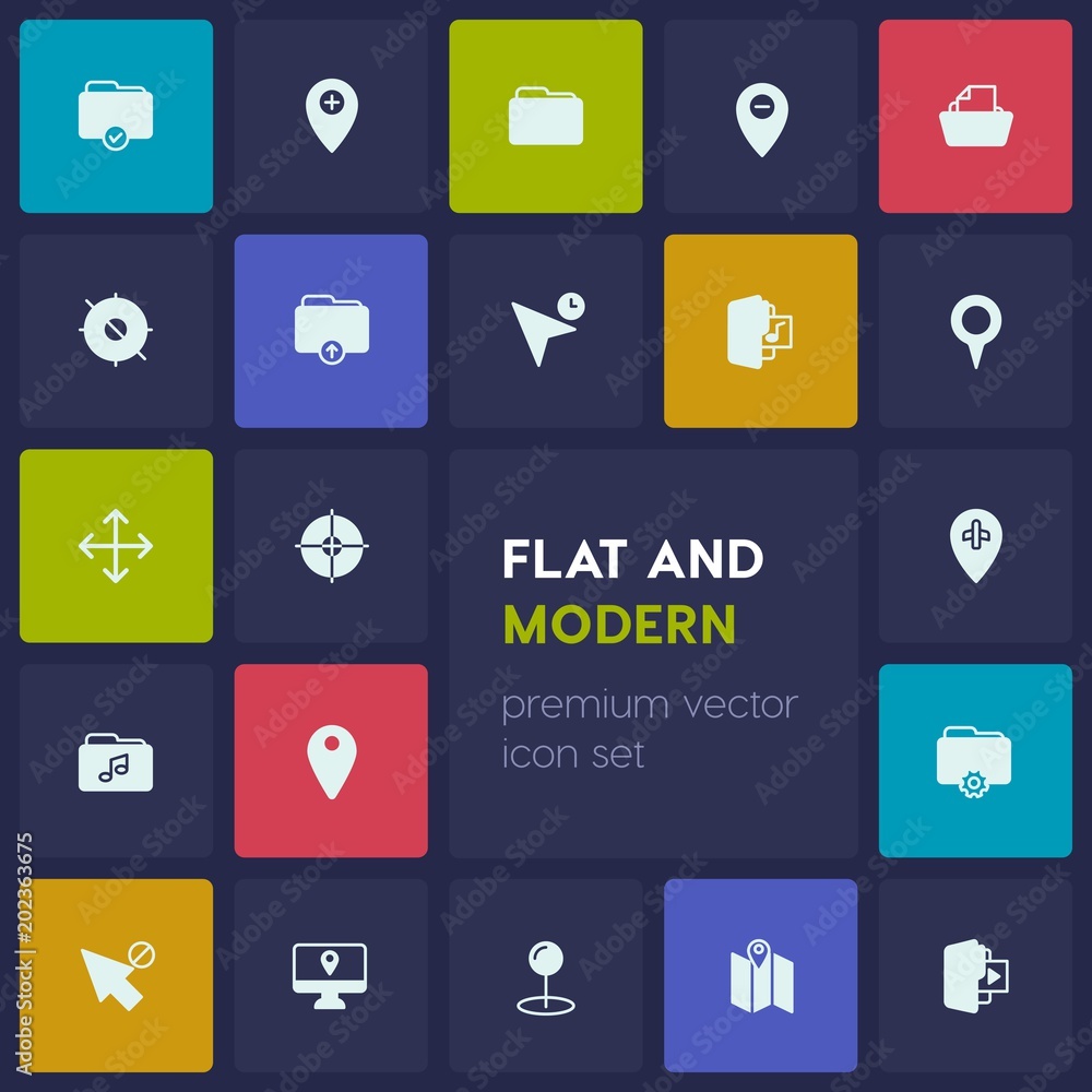 Modern Simple Set of location, folder, cursors Vector fill Icons. Contains such Icons as pin, media, arrow, location, target, sign, add and more on dark background. Fully Editable. Pixel Perfect Modern Simple Set of location, folder, cursors Vector fill Icons. Contains such Icons as pin, media, arrow, location, target, sign, add and more on dark background. Fully Editable. Pixel Perfect