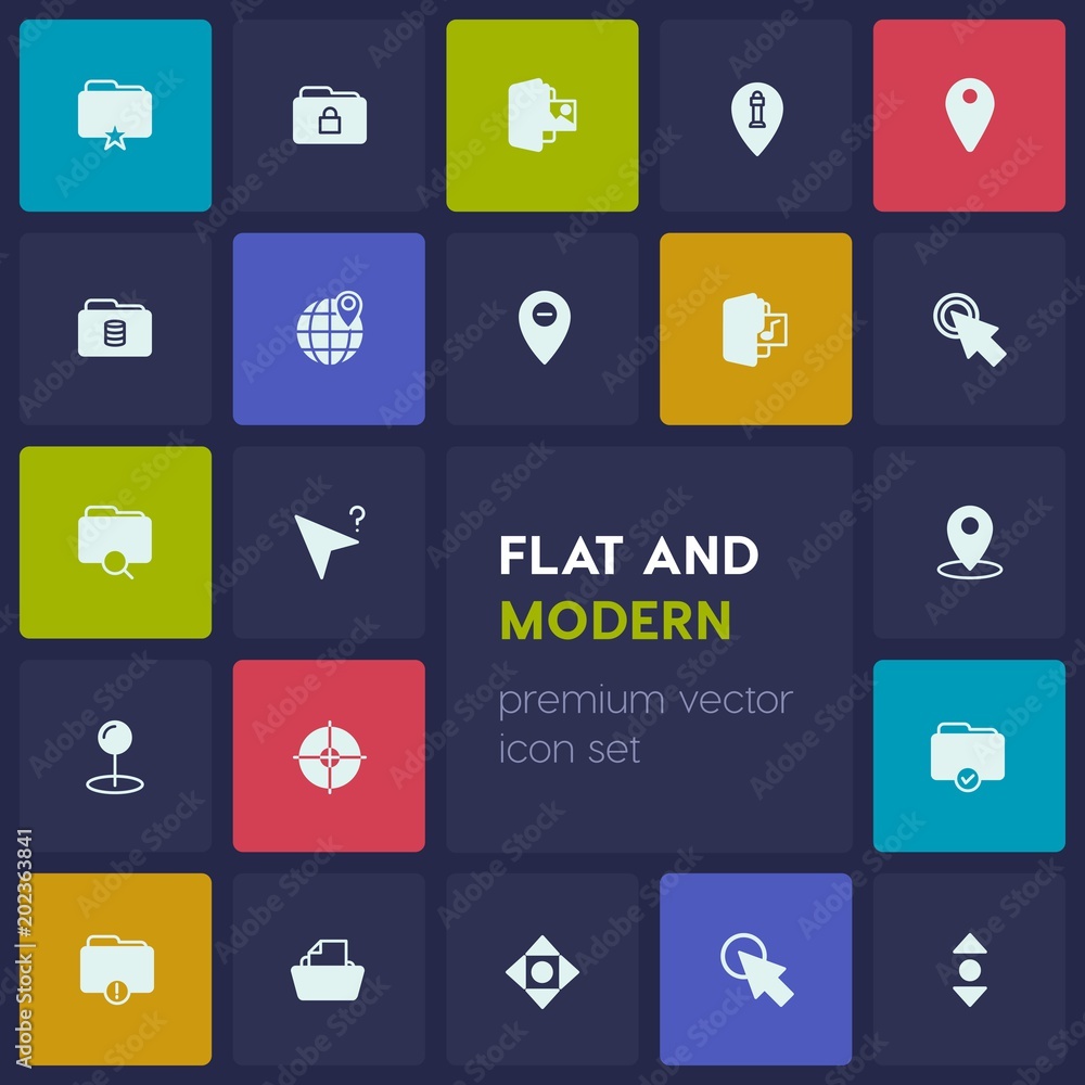 Modern Simple Set of location, folder, cursors Vector fill Icons. Contains such Icons as  mouse,  pin, target,  click,  internet,  globe and more on dark background. Fully Editable. Pixel Perfect