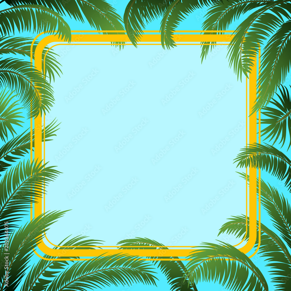 Exotic Background, Green Tropical Palm Tree Leaves and Yellow Frame on Blue Sky. Vector