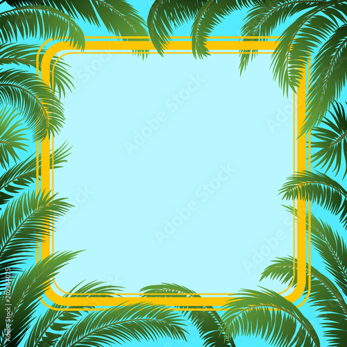 Exotic Background, Green Tropical Palm Tree Leaves and Yellow Frame on Blue Sky. Vector