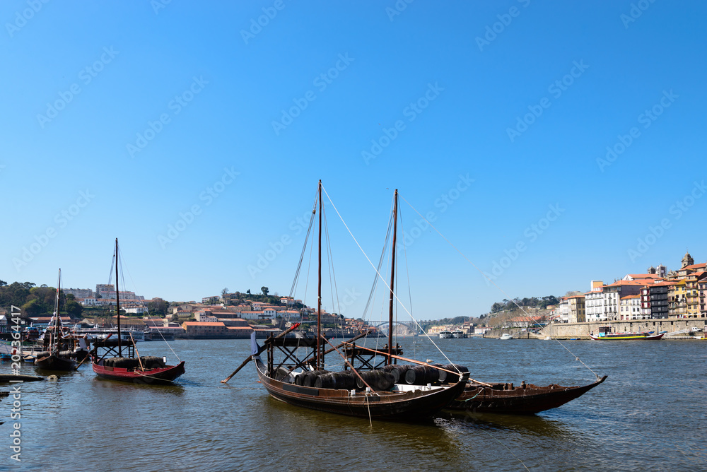 Wine transport boats in Portugal. These boats transport the barrels of wine from the interior of the country to Vila Nova de Gaia and Porto.