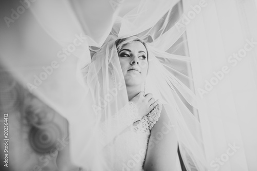 Gorgeous bride in robe posing and preparing for the wedding ceremony face in a room