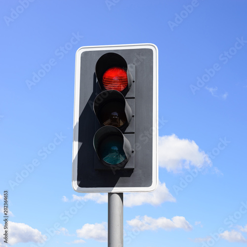 Important traffic sign for vehicles and pedestrians. Red light means danger, stop!