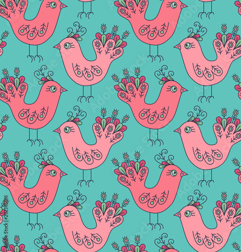 Folk birds pink and blue doodle seamless vector pattern