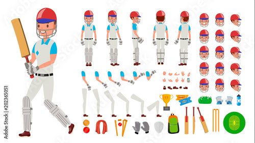 Cricket Player Male Vector. Sport Cricket Player Man. Cricketer Animated Character Creation Set. Full Length, Front, Side, Back View, Accessories, Poses, Emotions, Gestures. Isolated Flat Illustration