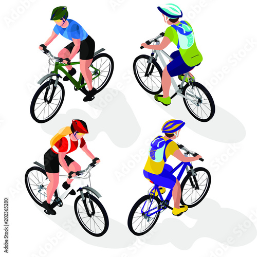 set of characters. men on a bicycle. isometry 3d