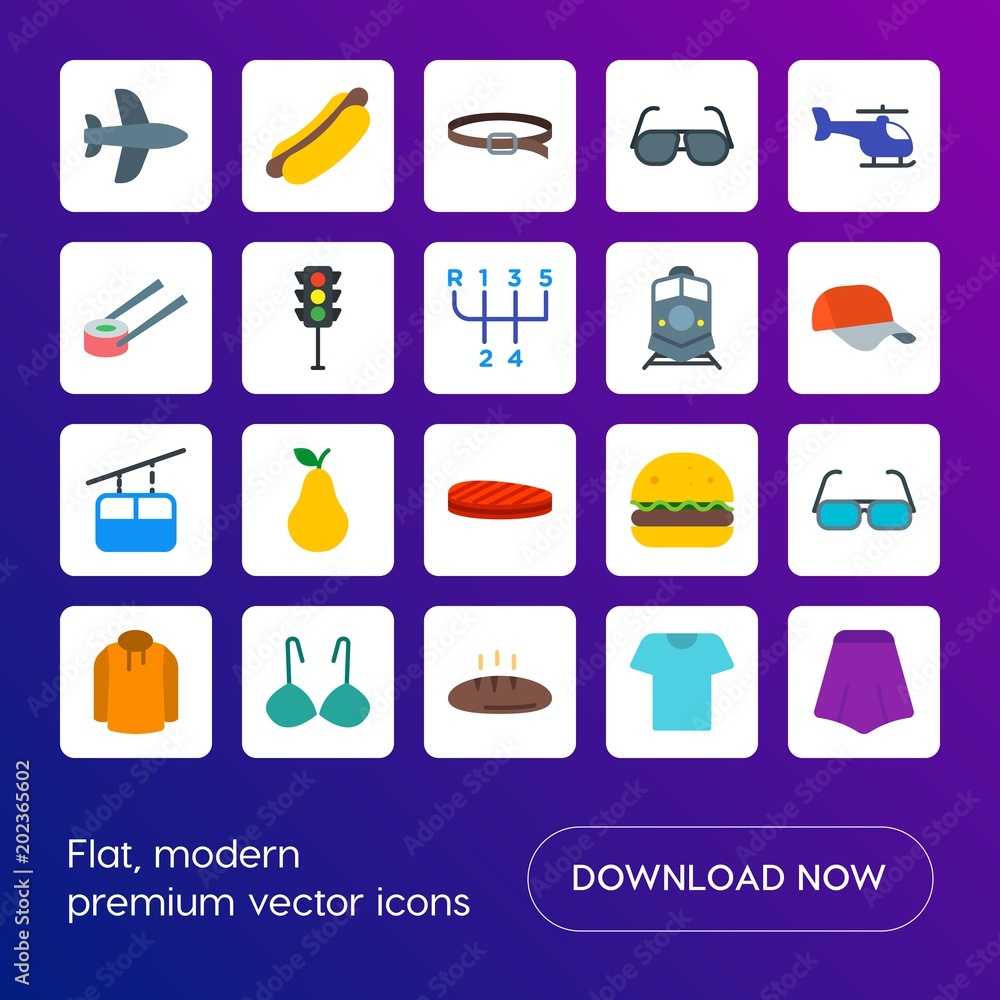 Modern Simple Set of transports, food, clothes Vector flat Icons. Contains such Icons as  bakery,  aircraft,  sunglasses,  fashion,  food and more on gradient background. Fully Editable. Pixel Perfect