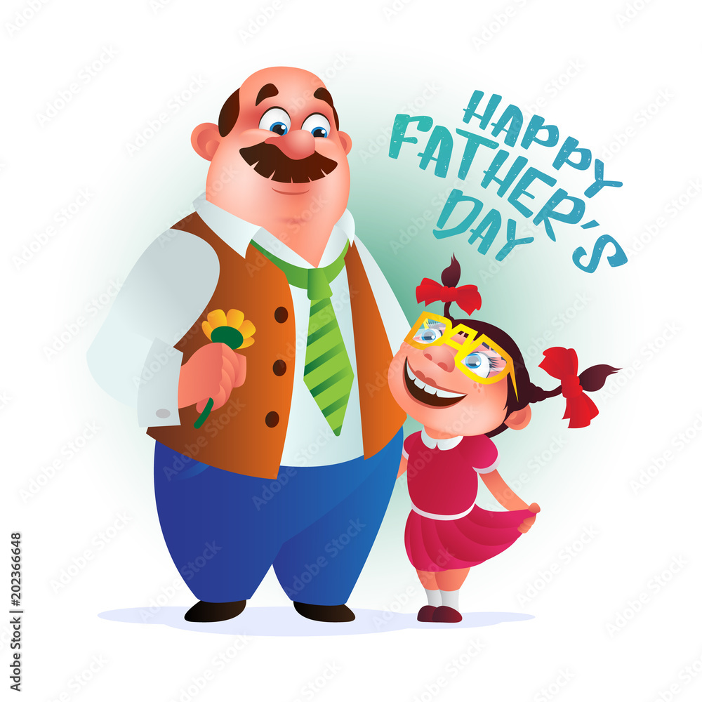 Greeting card or poster to Happy Father's Day. Dad with flower stands with his daughter. Vector illustration isolated on white. Perfect to use in advertising or web design and others creative projects