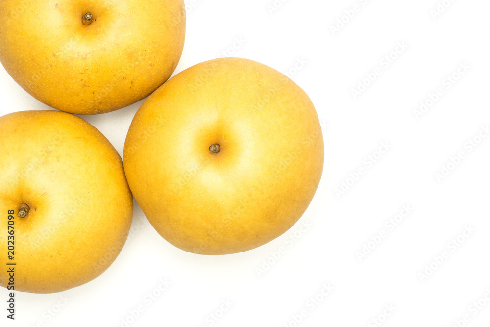 Chinese golden pears Nashi variety top view isolated on white background three round. Chinese golden pears Nashi variety top view isolated on white background three round.
