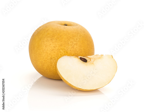 One Chinese golden pear with a slice Nashi variety isolated on white background.
