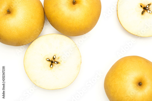 Chinese golden pear collection top view Nashi variety isolated on white background.