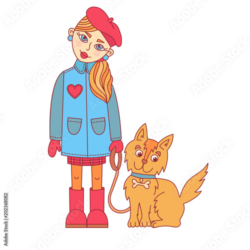 Cute colorful girl with the dog puppy colorful vector illustration