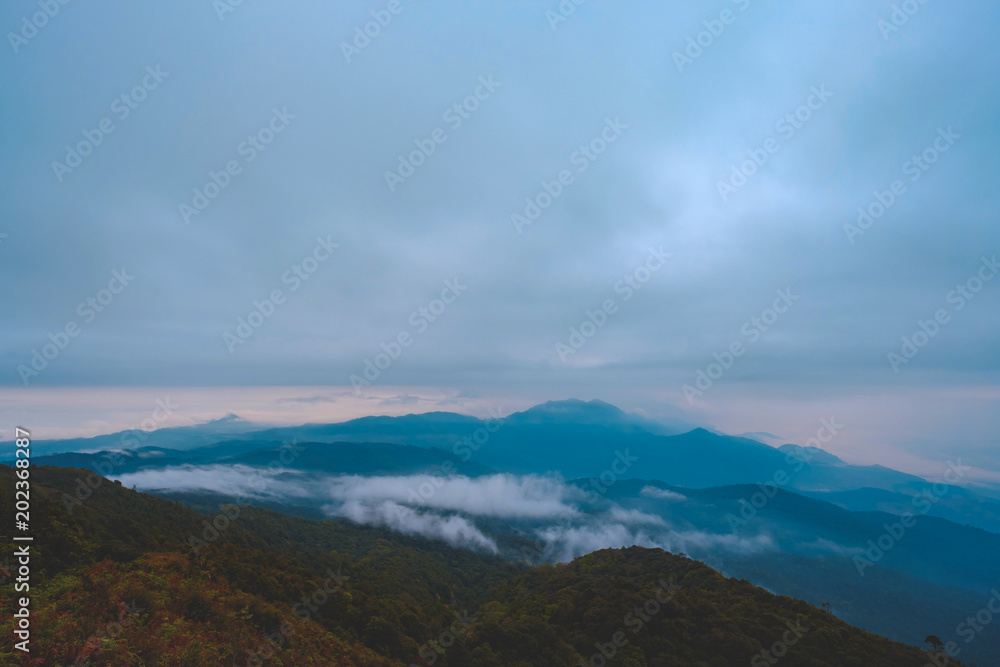 high mountains peaks range clouds in fog scenery landscape national park view outdoor at Chiang Rai, Chiang Mai Province, Thailand high mountains peaks range clouds in fog scenery landscape national park view outdoor at Chiang Rai, Chiang Mai Province, Thailand