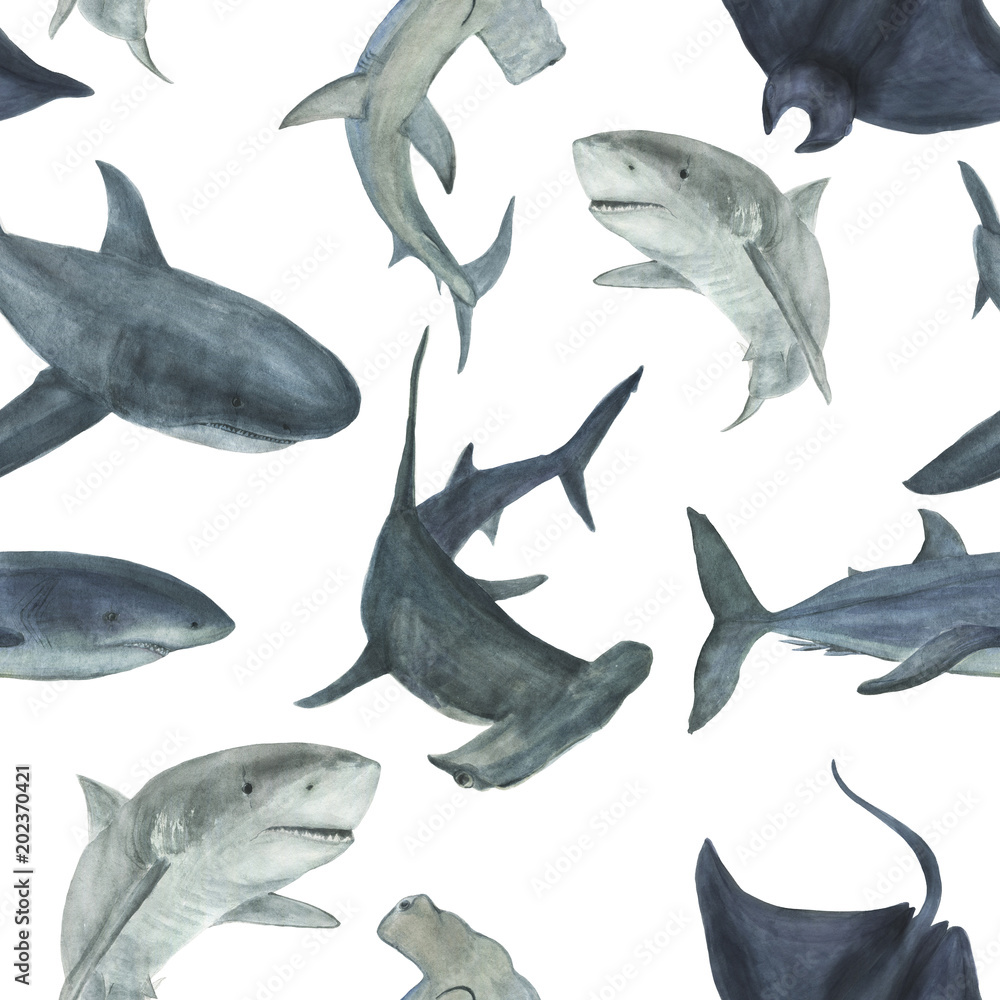 Fototapeta premium Watercolor painting seamless pattern with sharks. Sea background