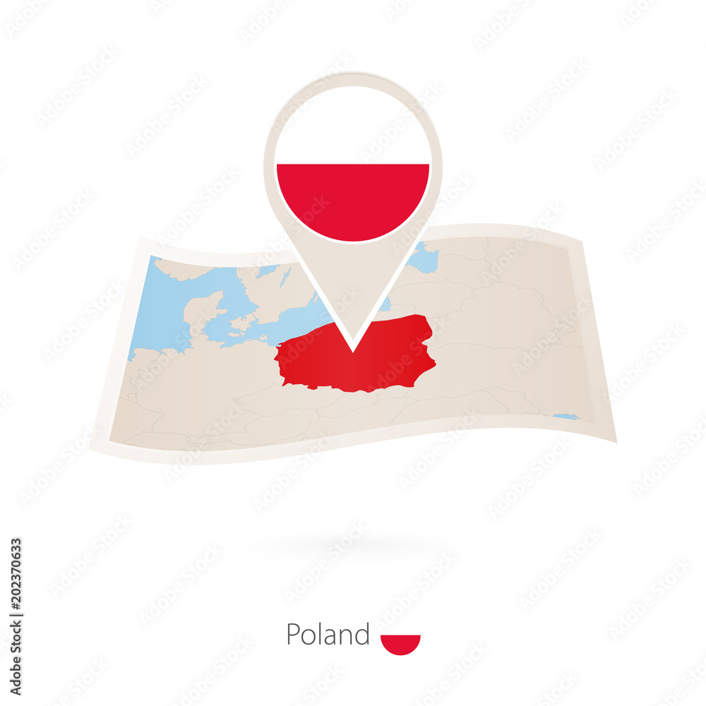Naklejka premium Folded paper map of Poland with flag pin of Poland.
