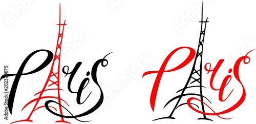 Paris hand drawn vector lettering and Eiffel Tower. Modern calligraphy brush lettering. Paris ink lettering. Design element for cards, banners, flyers, Paris lettering isolated on white background.