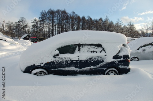 雪に埋まった自動車