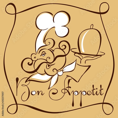 Smiling chef with a tray. Bon appetit text. Template cover menu cafe or restaurant. sketch style vector illustration