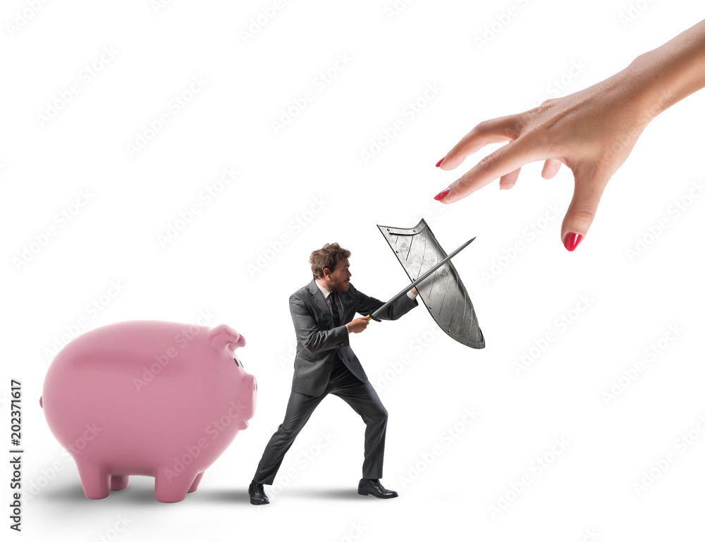 Εκτύπωση καμβά Business man protects financial capital from the tax office fighting with sword and shield