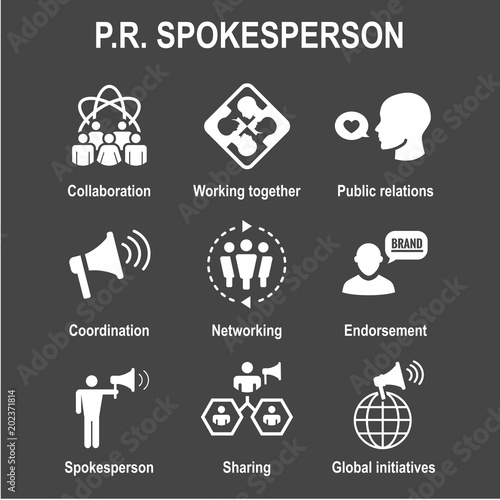 Spokesperson icon set - bullhorn, coordination, pr, and public relations person set