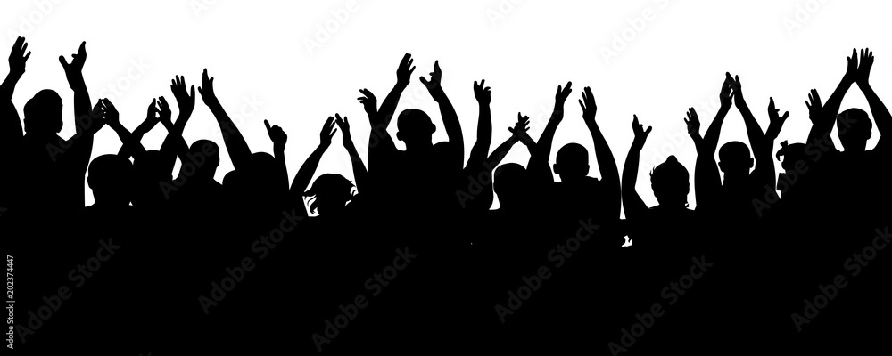Applause audience. Crowd people cheering, cheer hands up. Cheerful mob fans applauding, clapping. Vector silhouette concert Applause audience. Crowd people cheering, cheer hands up. Cheerful mob fans applauding, clapping. Vector silhouette concert