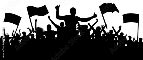 Silhouette cheer crowd people. Audience cheering applause, clapping. Cheerful sports fan. Mob soccer banner. Party music concert. Isolated vector