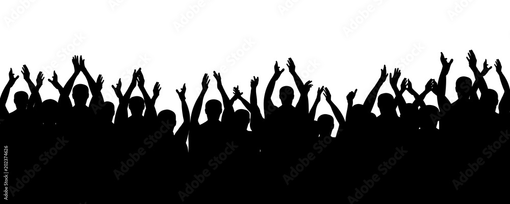 Crowd people cheering, cheer hands up. Applause audience. Spectators theater. Cheerful mob fans applauding, clapping. Party, concert, sport. Vector silhouette Crowd people cheering, cheer hands up. Applause audience. Spectators theater. Cheerful mob fans applauding, clapping. Party, concert, sport. Vector silhouette