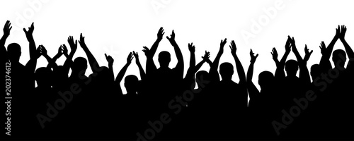 Crowd people cheering, cheer hands up. Applause audience. Cheerful mob fans applauding, clapping. Vector silhouette concert photo