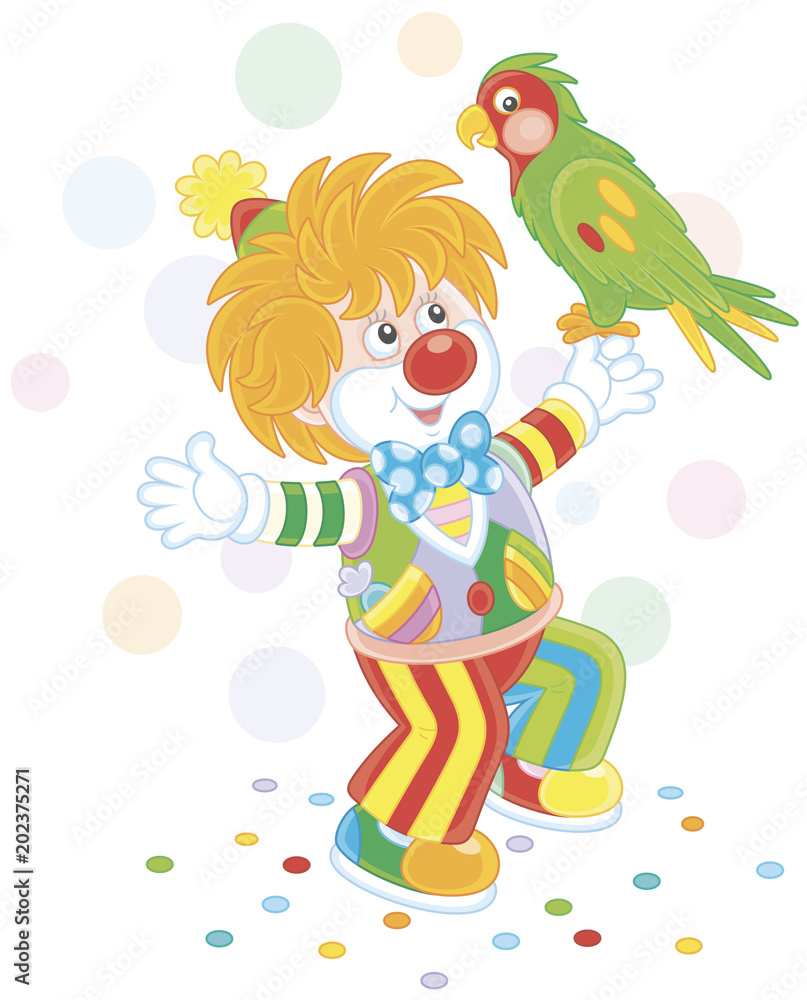 Funny circus clown playing with his colorful parrot, vector illustration in a cartoon style Funny circus clown playing with his colorful parrot, vector illustration in a cartoon style