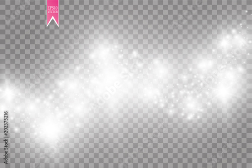 Vector white glitter wave abstract illustration. White star dust trail sparkling particles isolated on transparent background. Magic concept