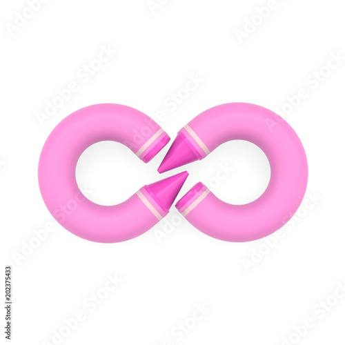 Pink wax crayon mathematical infinity symbol on white background, 3D rendered